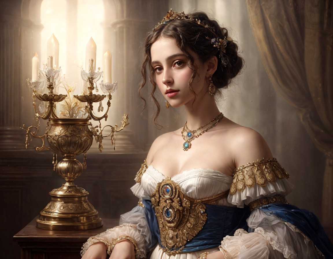 19th-Century Young Woman in Regal Gown Near Candelabra