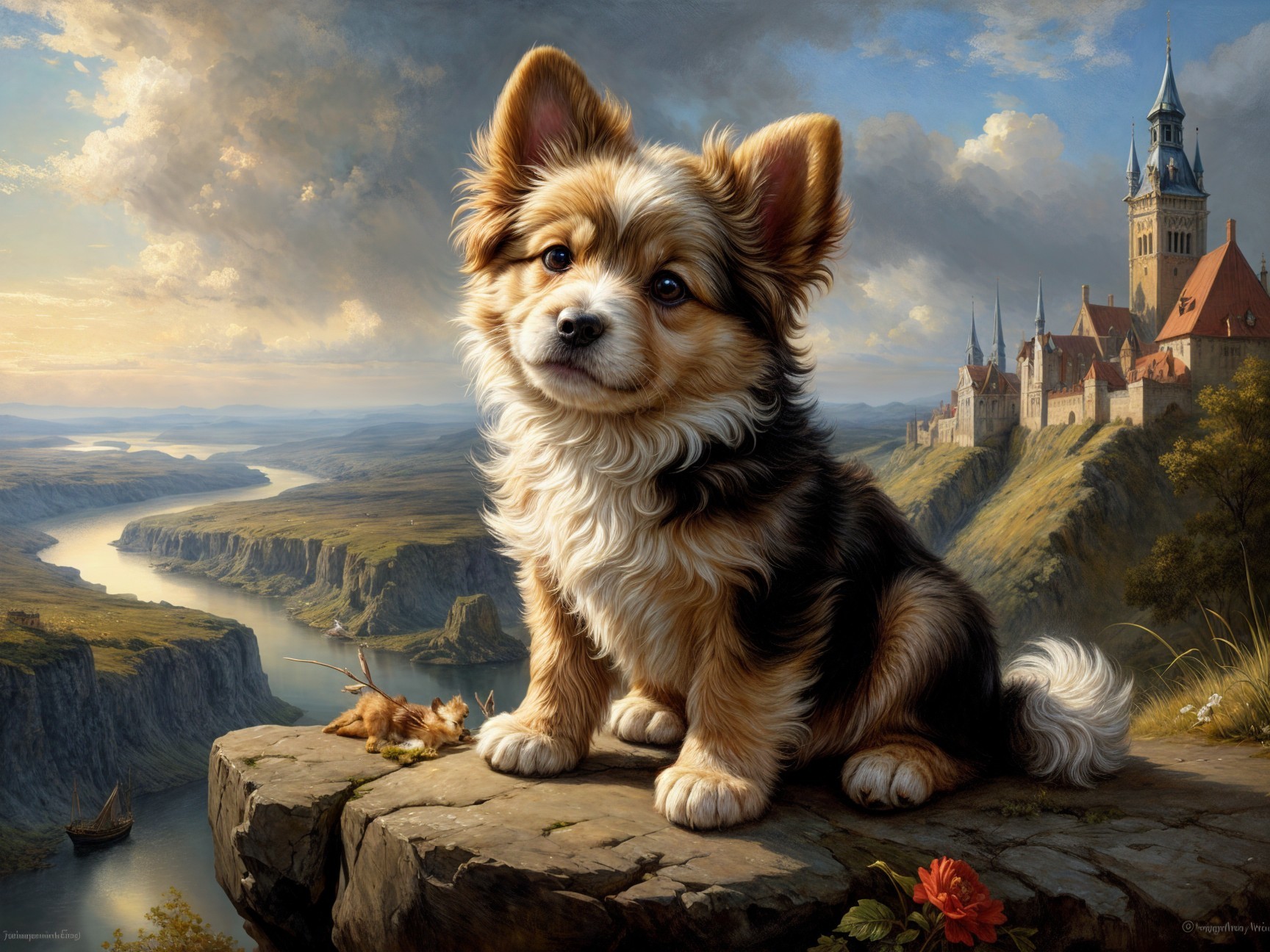 Fluffy Dog on Rocky Ledge Overlooking Scenic Landscape