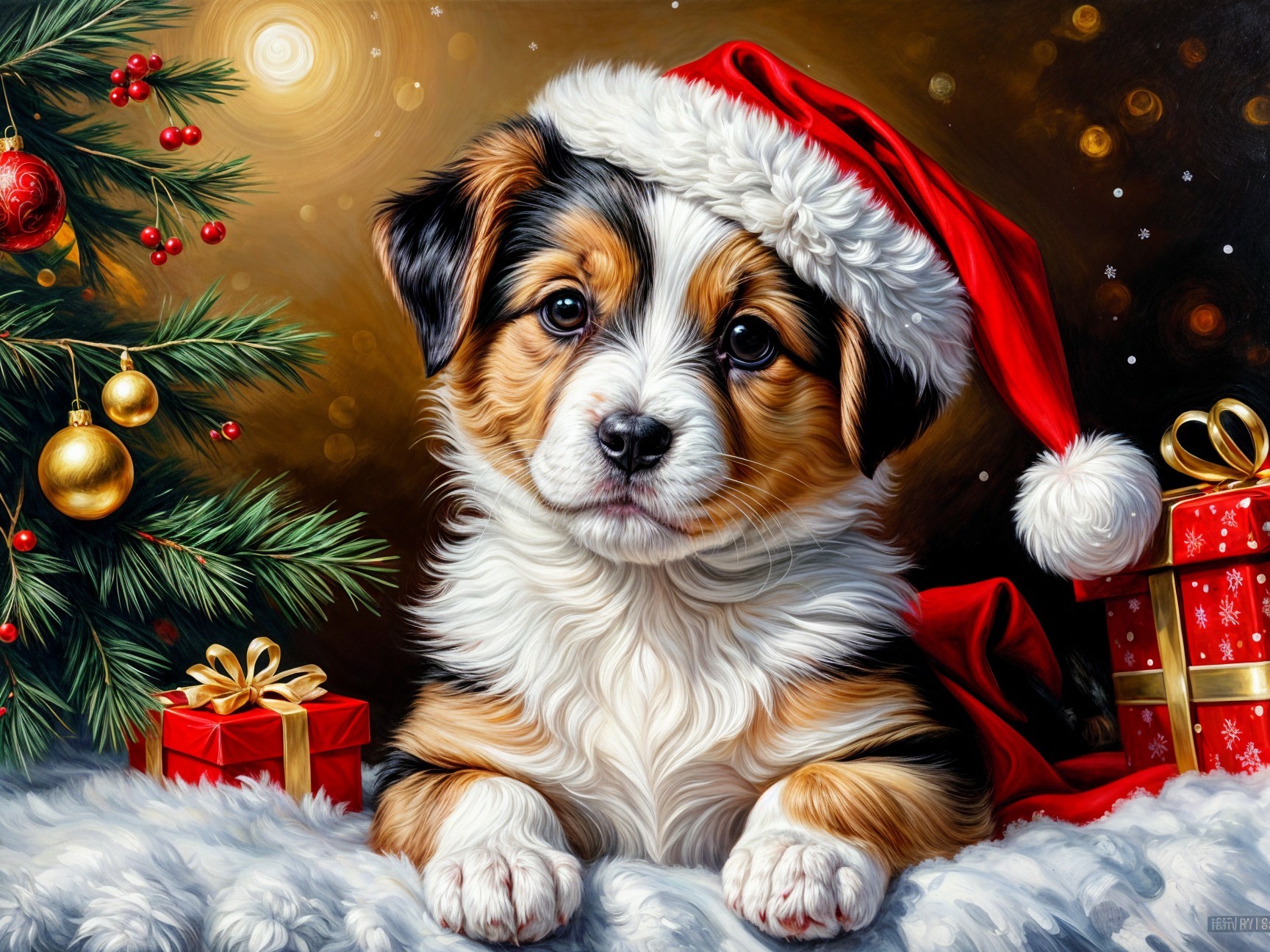 Festive Puppy in Santa Hat Surrounded by Holiday Décor