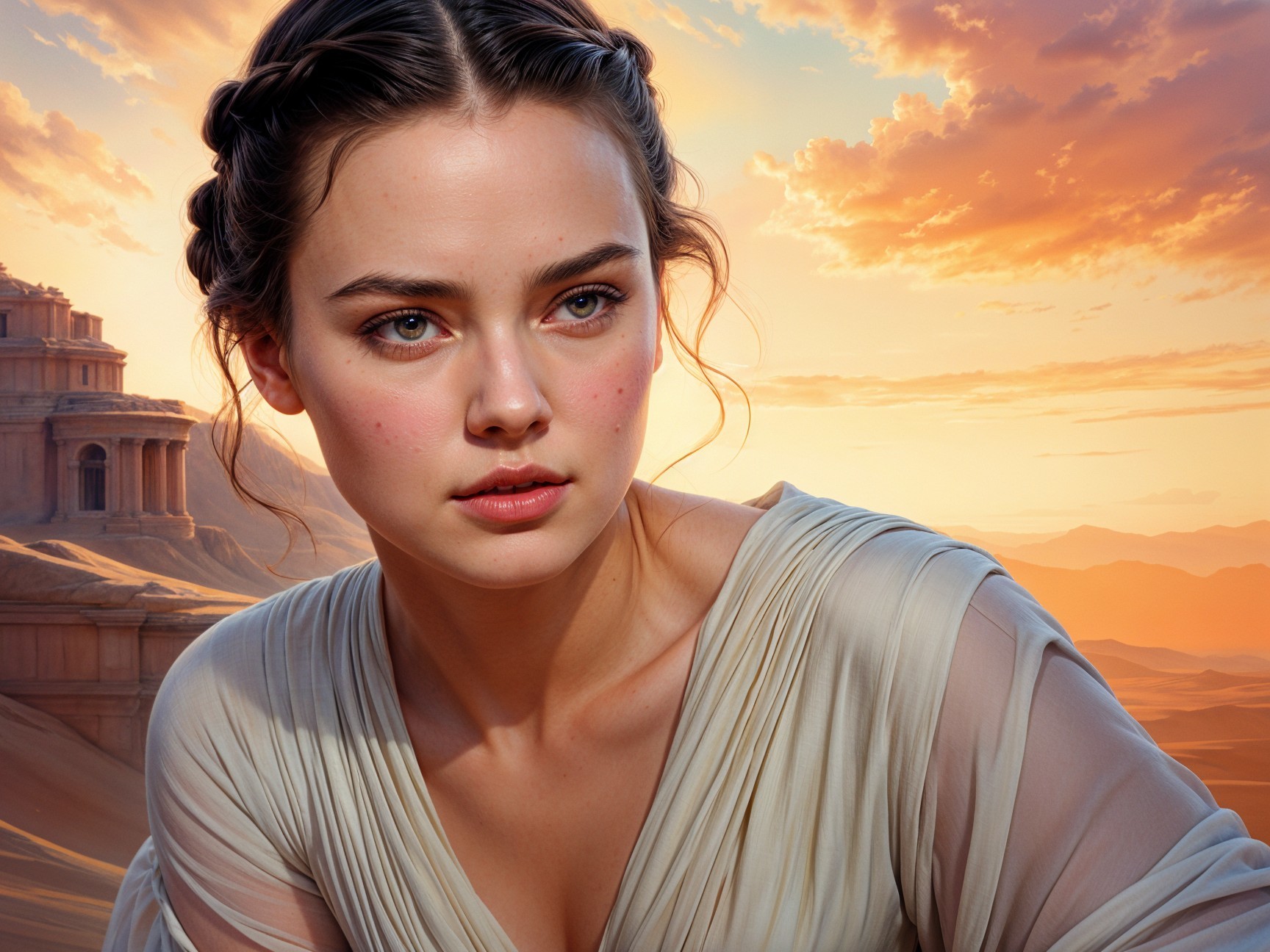 Young Woman Contemplating at Sunset with Scenic Landscape