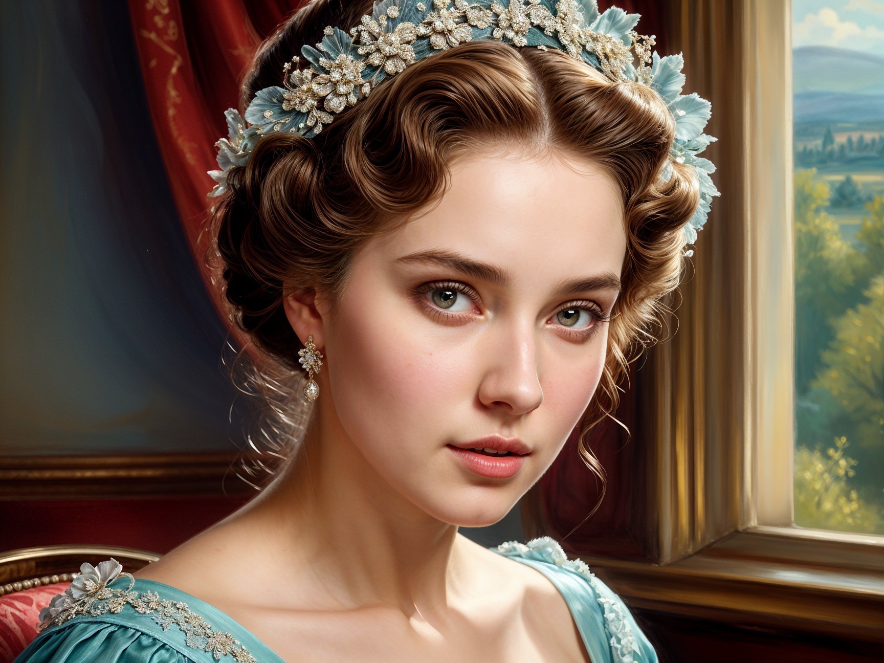 Young Woman in Turquoise Gown with Floral Crown