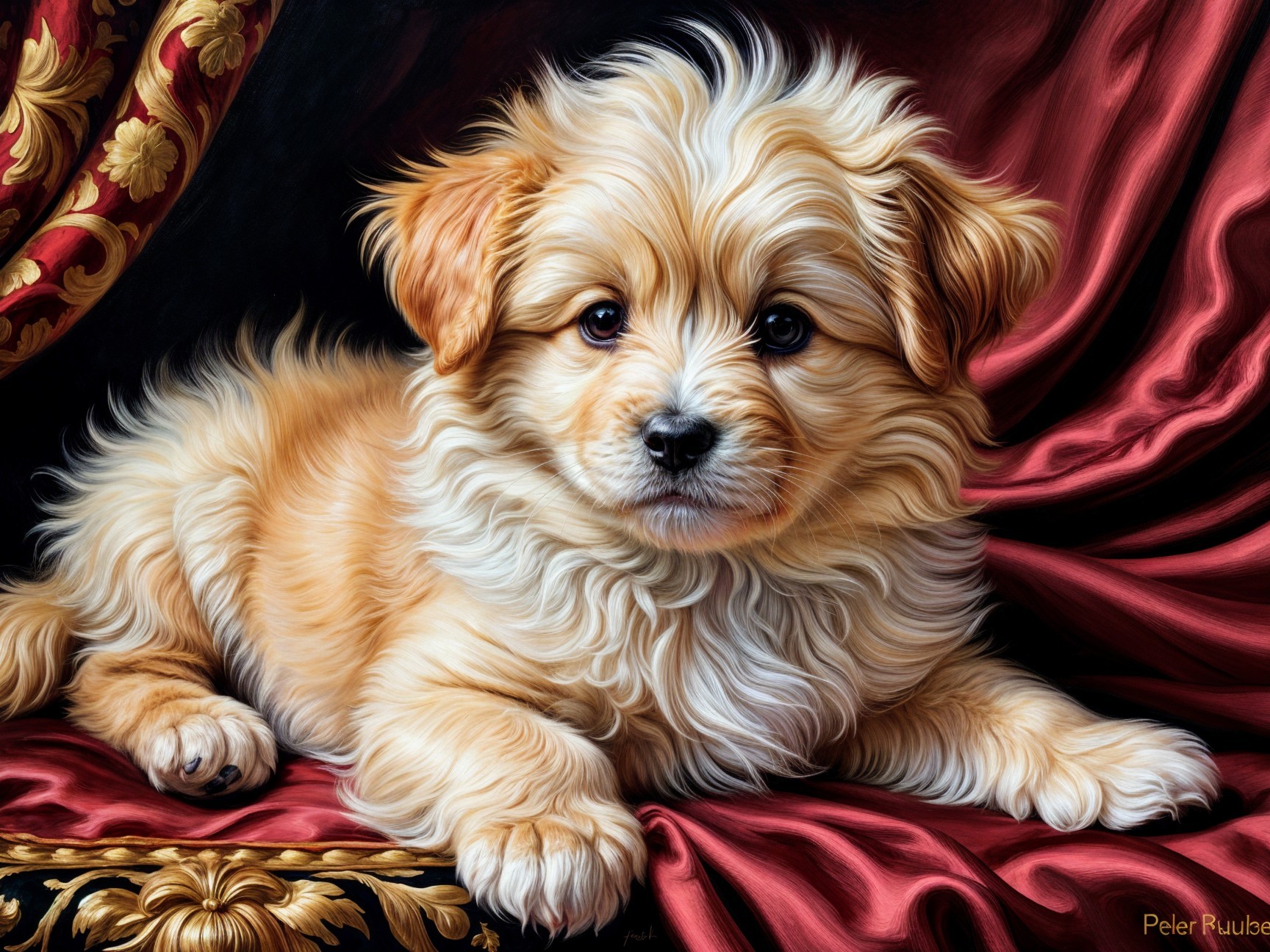 Fluffy puppy with golden tan fur and playful eyes