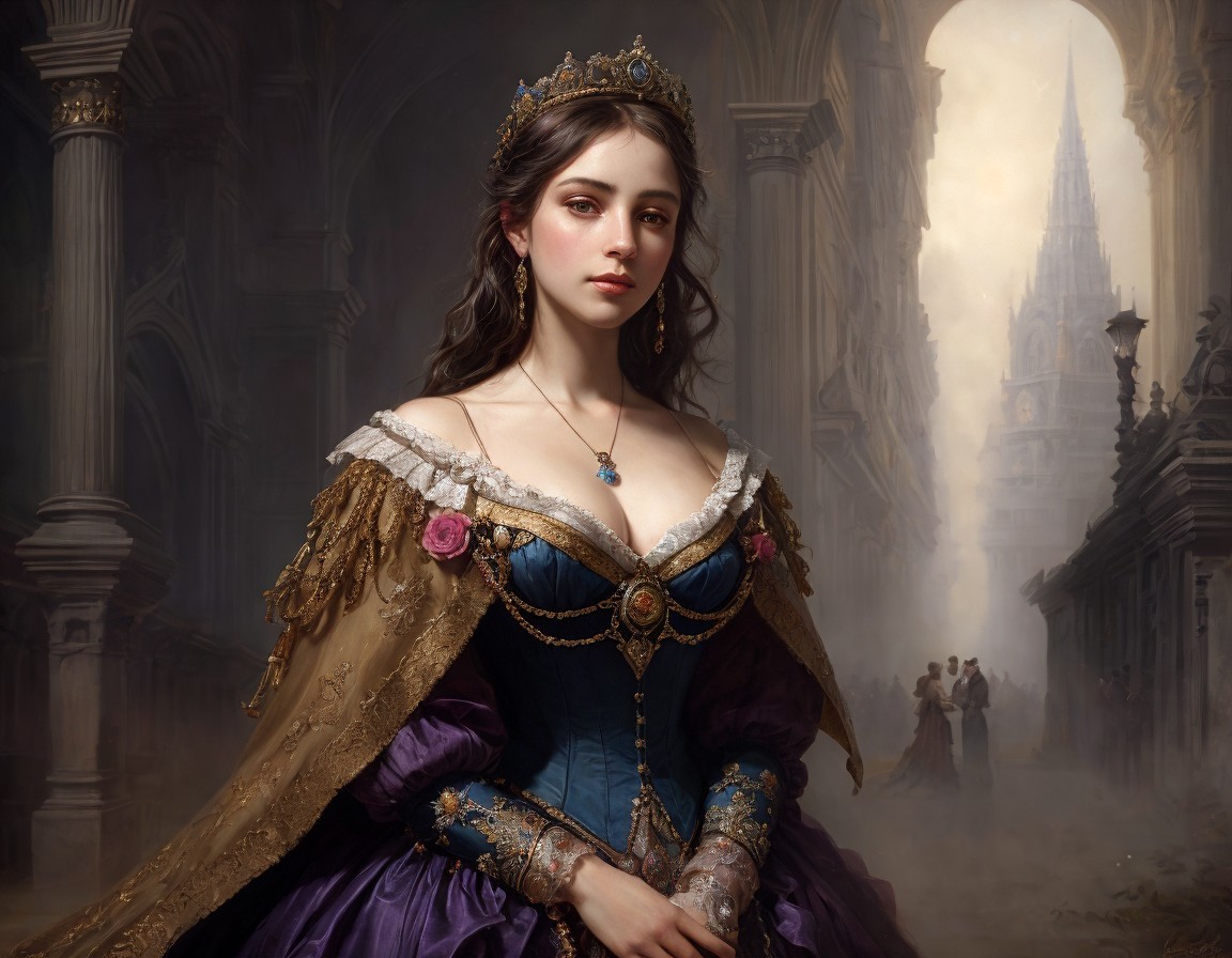 Regal Woman in Ornate Gown with Mystical Cityscape