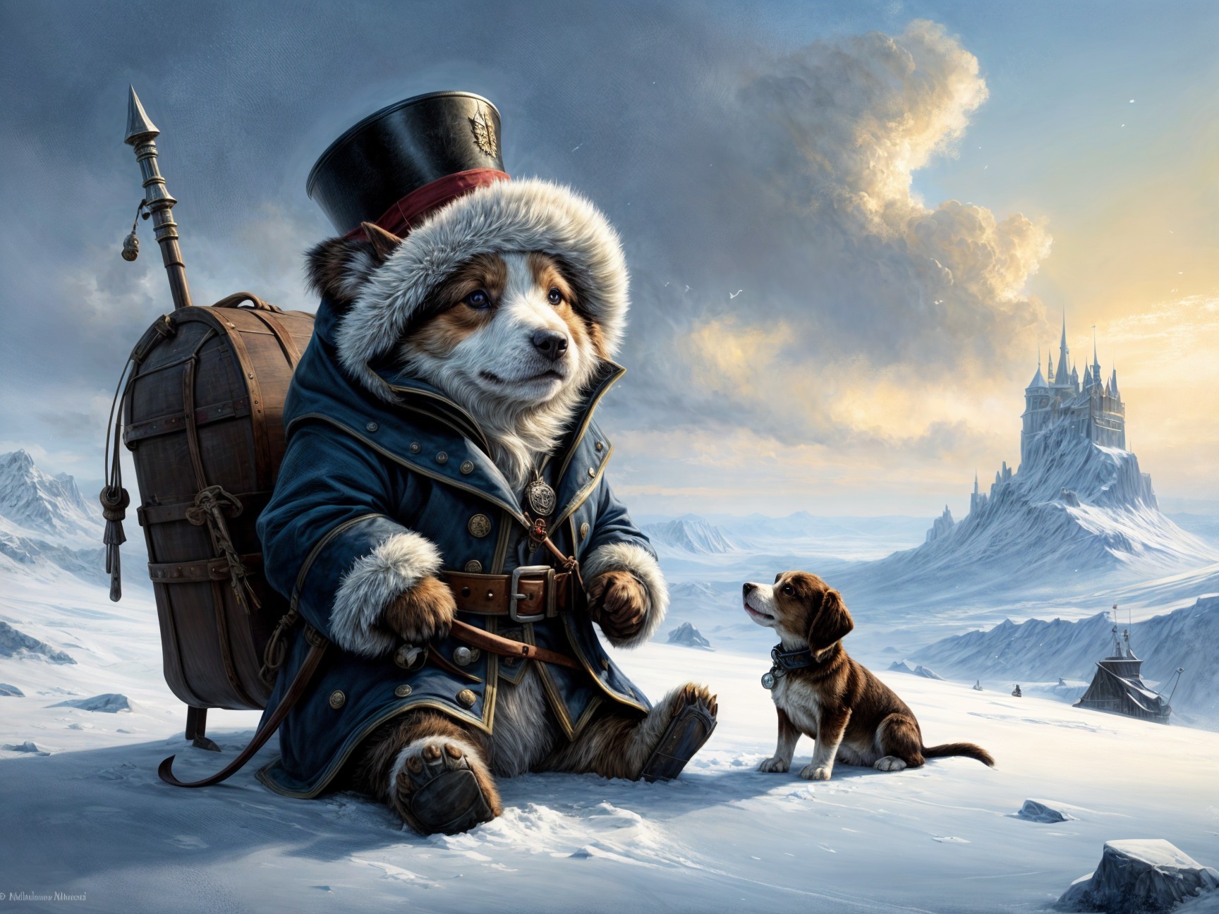 Corgi in Blue Coat and Top Hat in Snowy Landscape