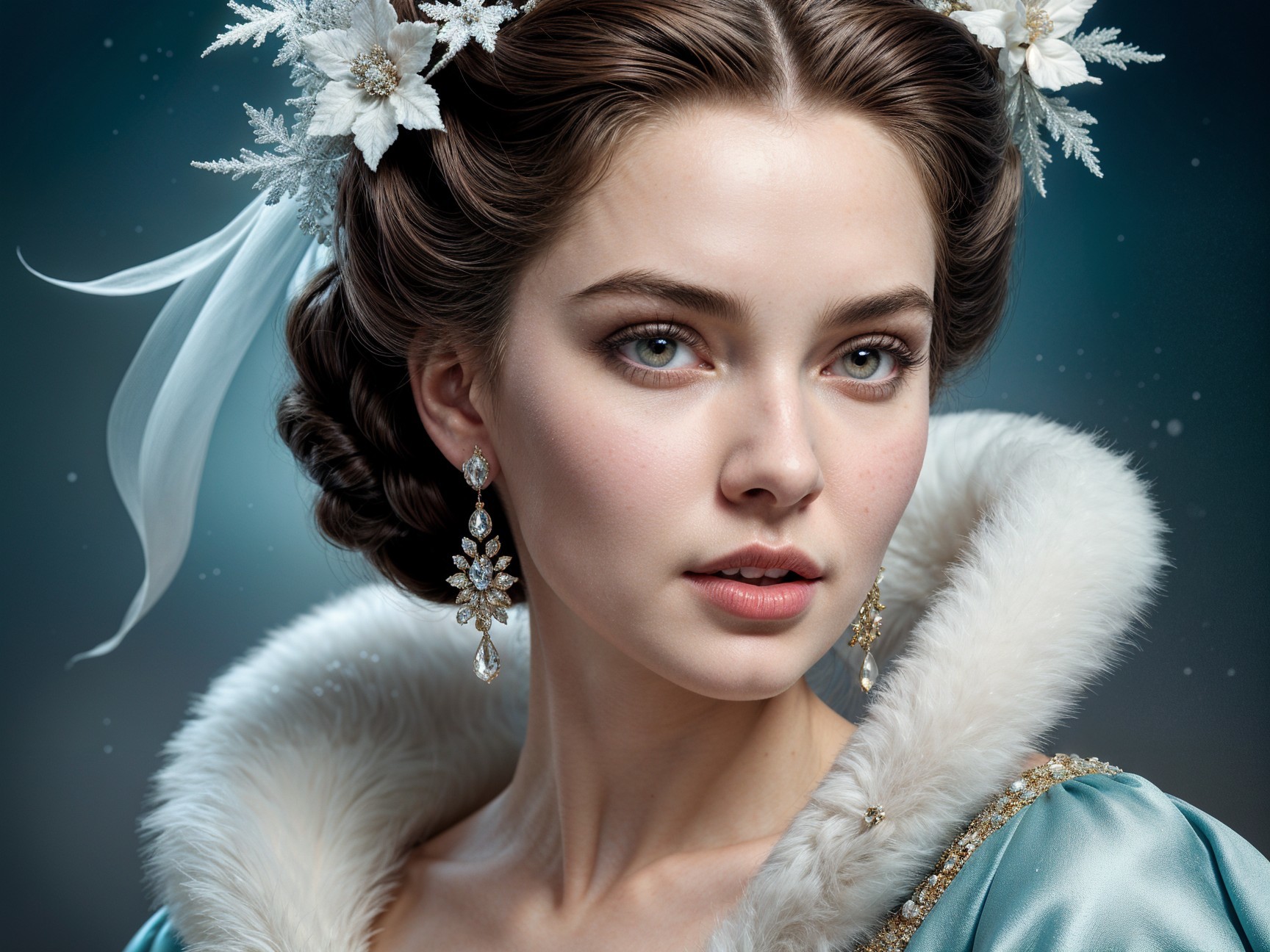 Elegant Young Woman in Ethereal Winter Attire