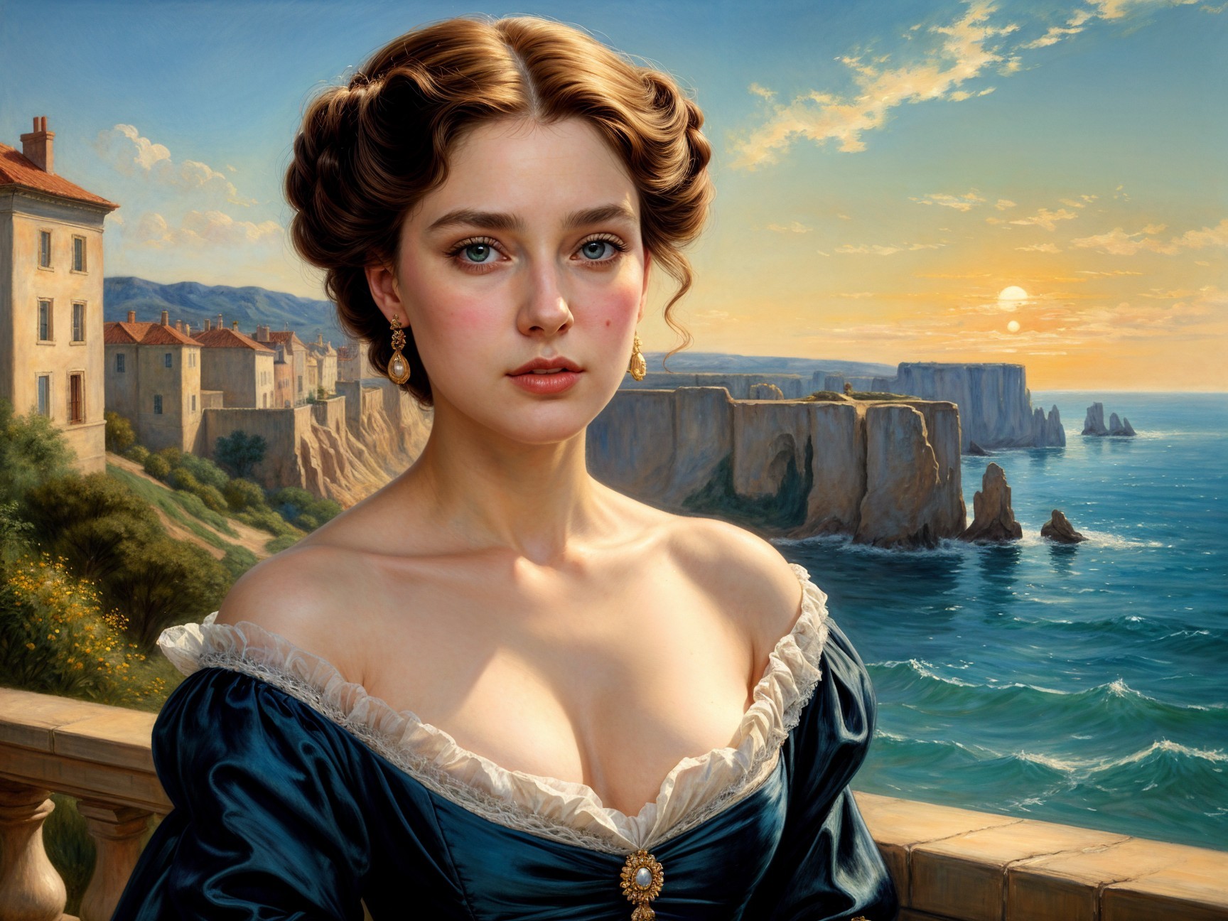 Young Woman in Blue Gown Overlooking Coastal Sunset