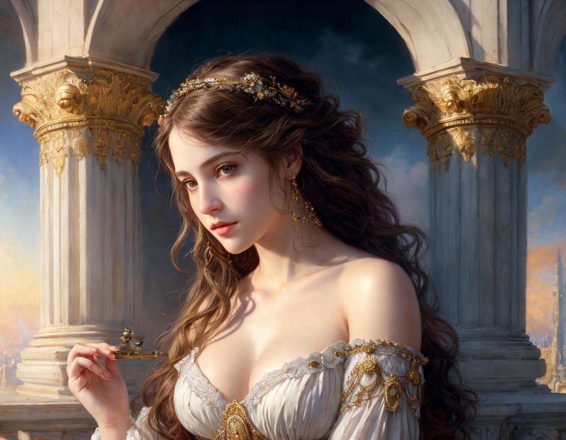Regal Woman in White and Gold Gown with Chess Piece