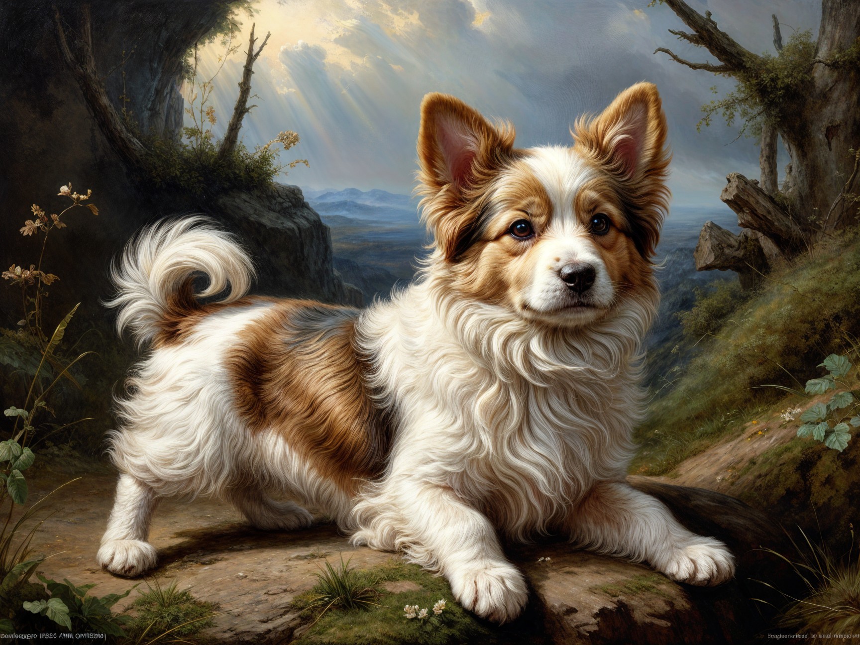 Corgi on Rocky Outcrop with Scenic Landscape View