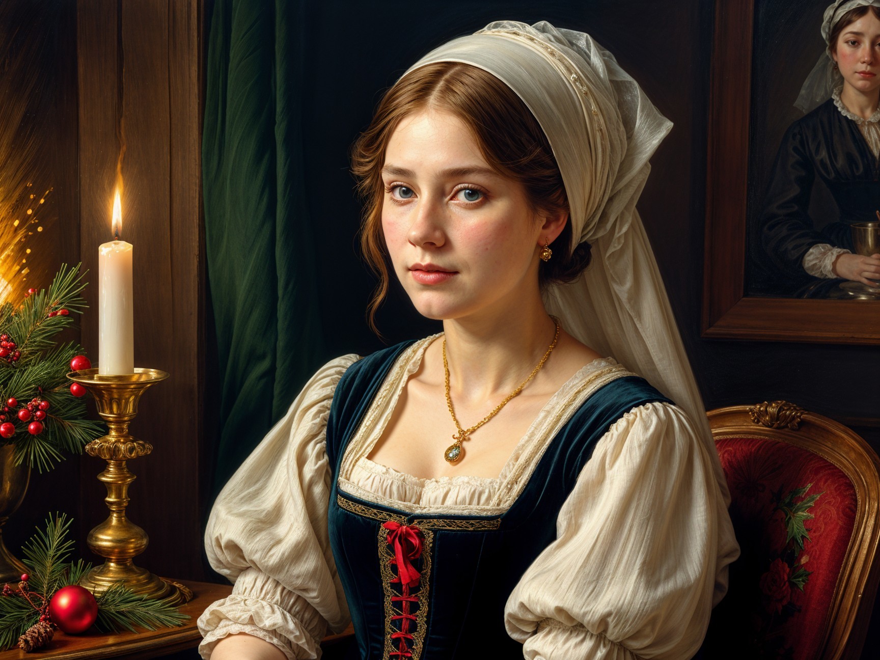 Elegant Young Woman in Dark Blue Dress with Candlelight