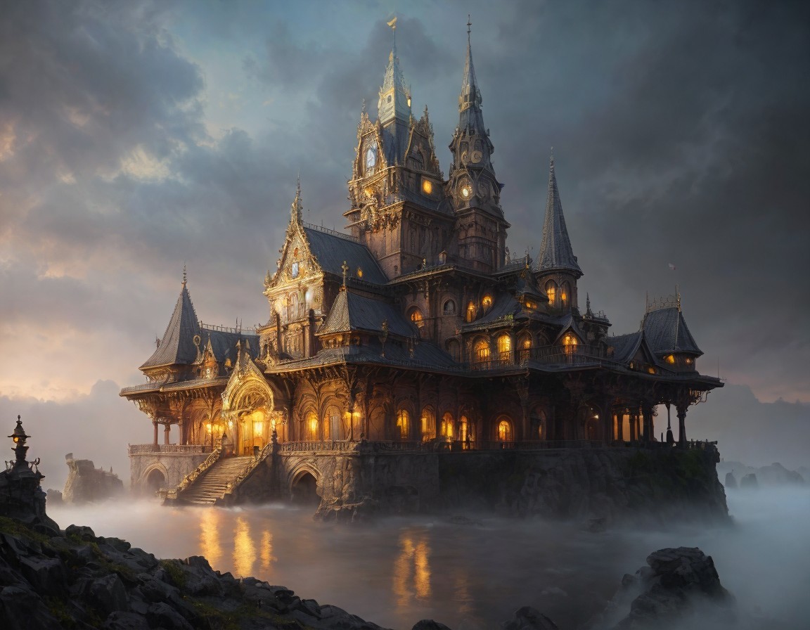 Majestic illuminated castle on rocky cliff under stormy skies