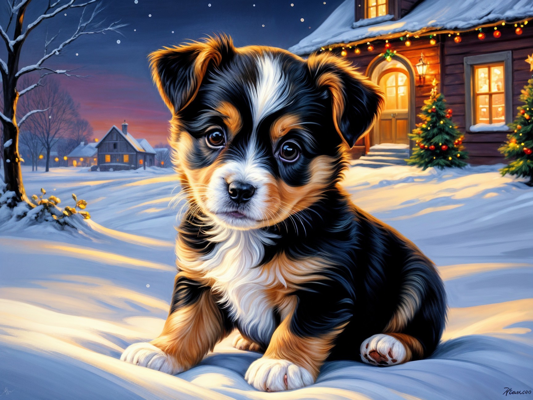 Puppy in Snowy Landscape with Cozy Cabin Background