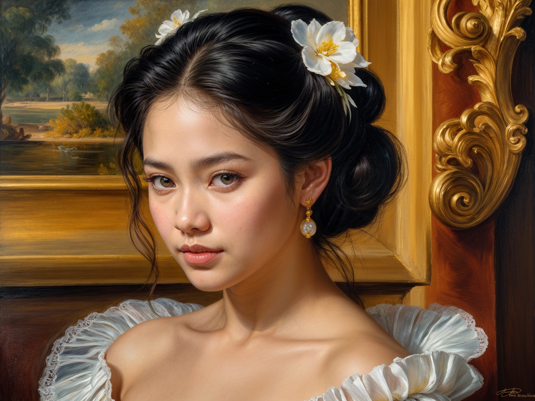 Portrait of a Young Woman in Elegant Attire with Flowers