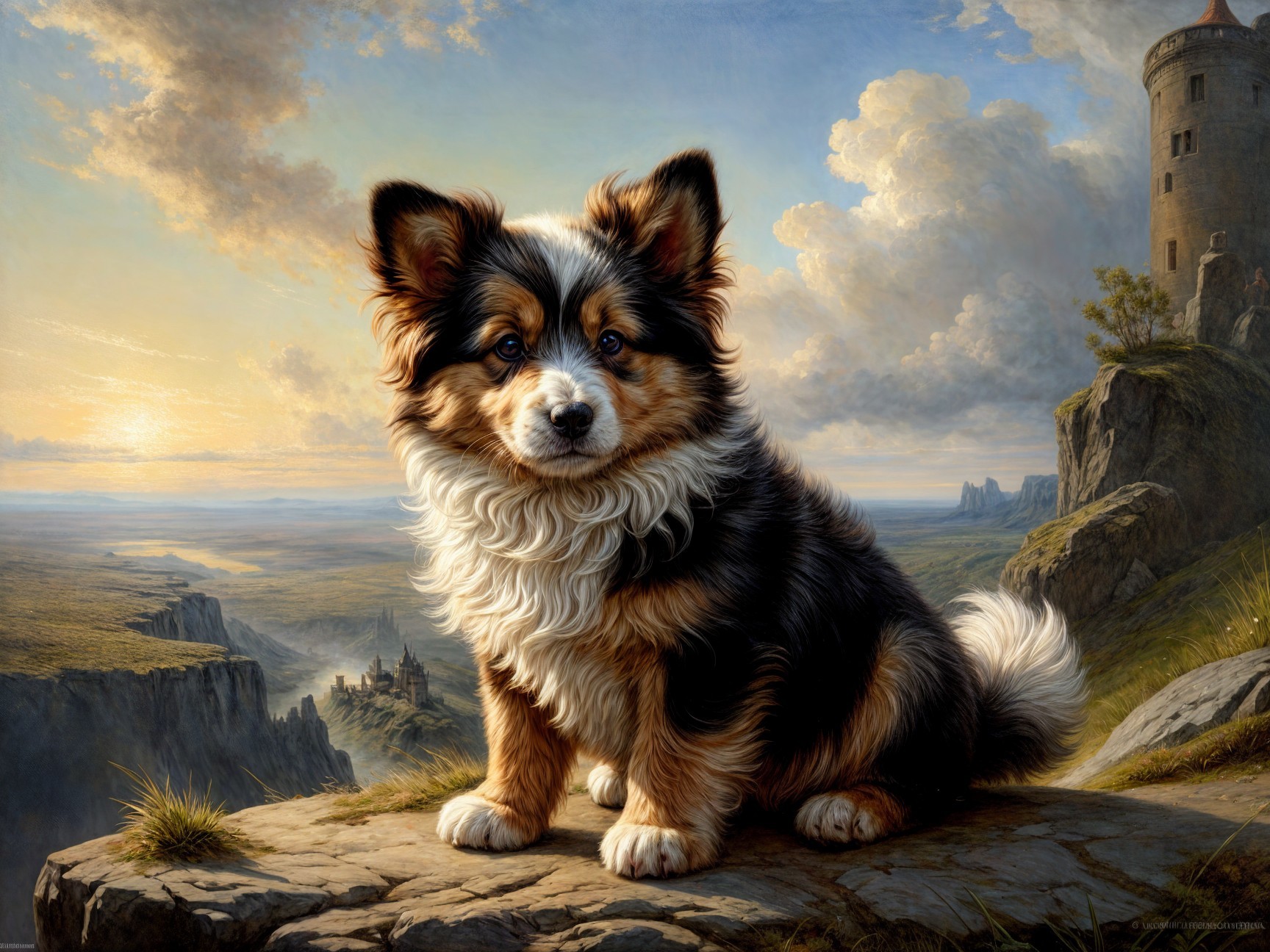 Tri-Colored Dog on Rocky Outcrop at Sunset