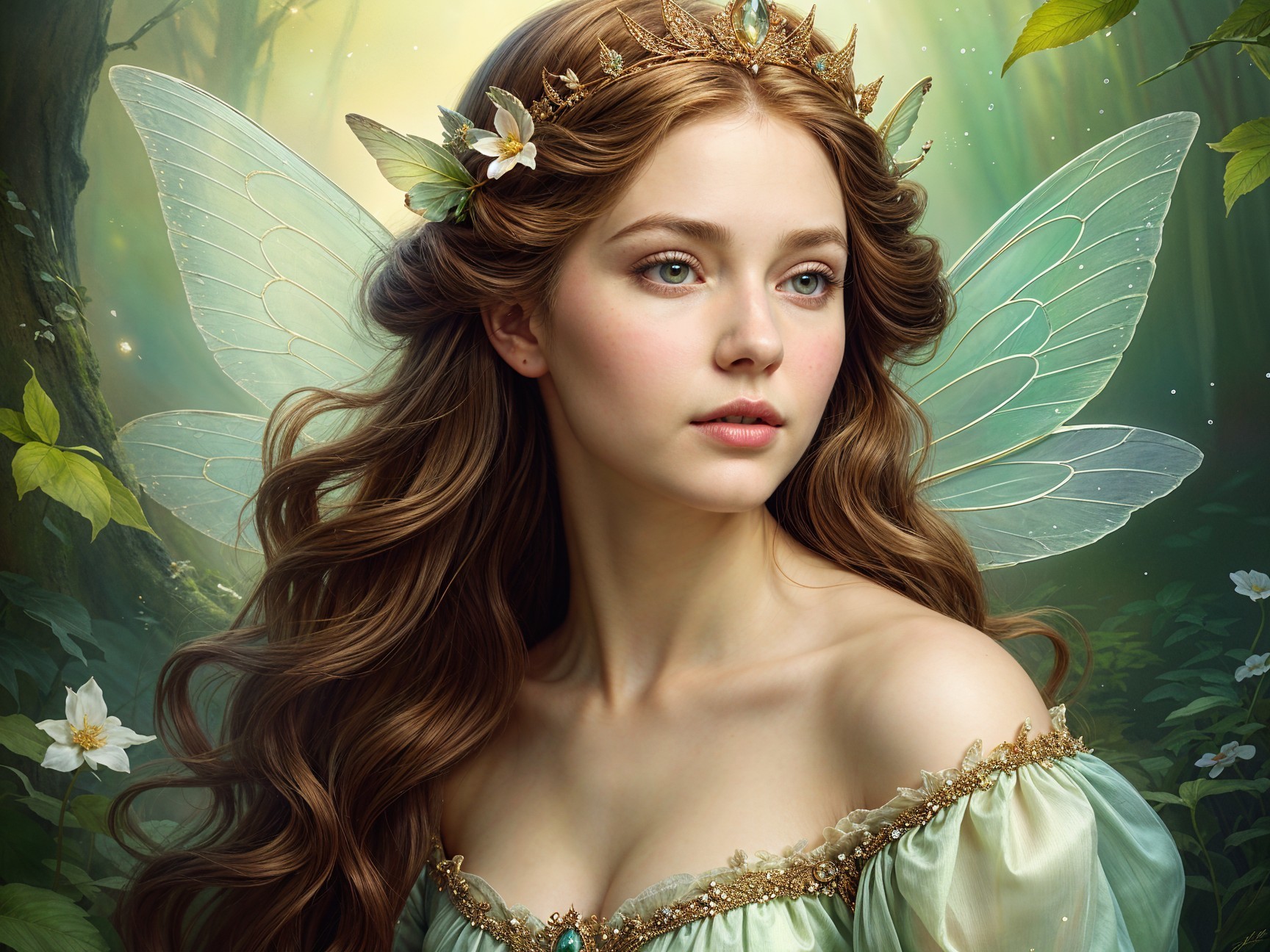 Fairy Princess in Enchanted Forest with Translucent Wings