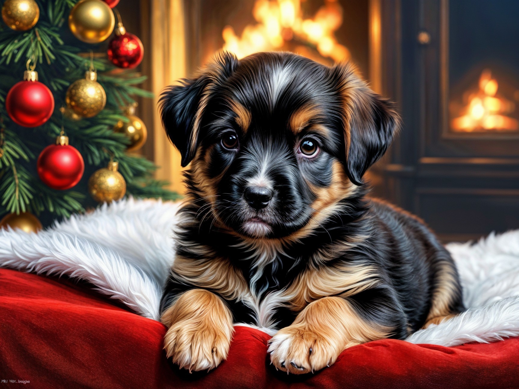 Puppy on Red Blanket by Cozy Fireplace and Tree