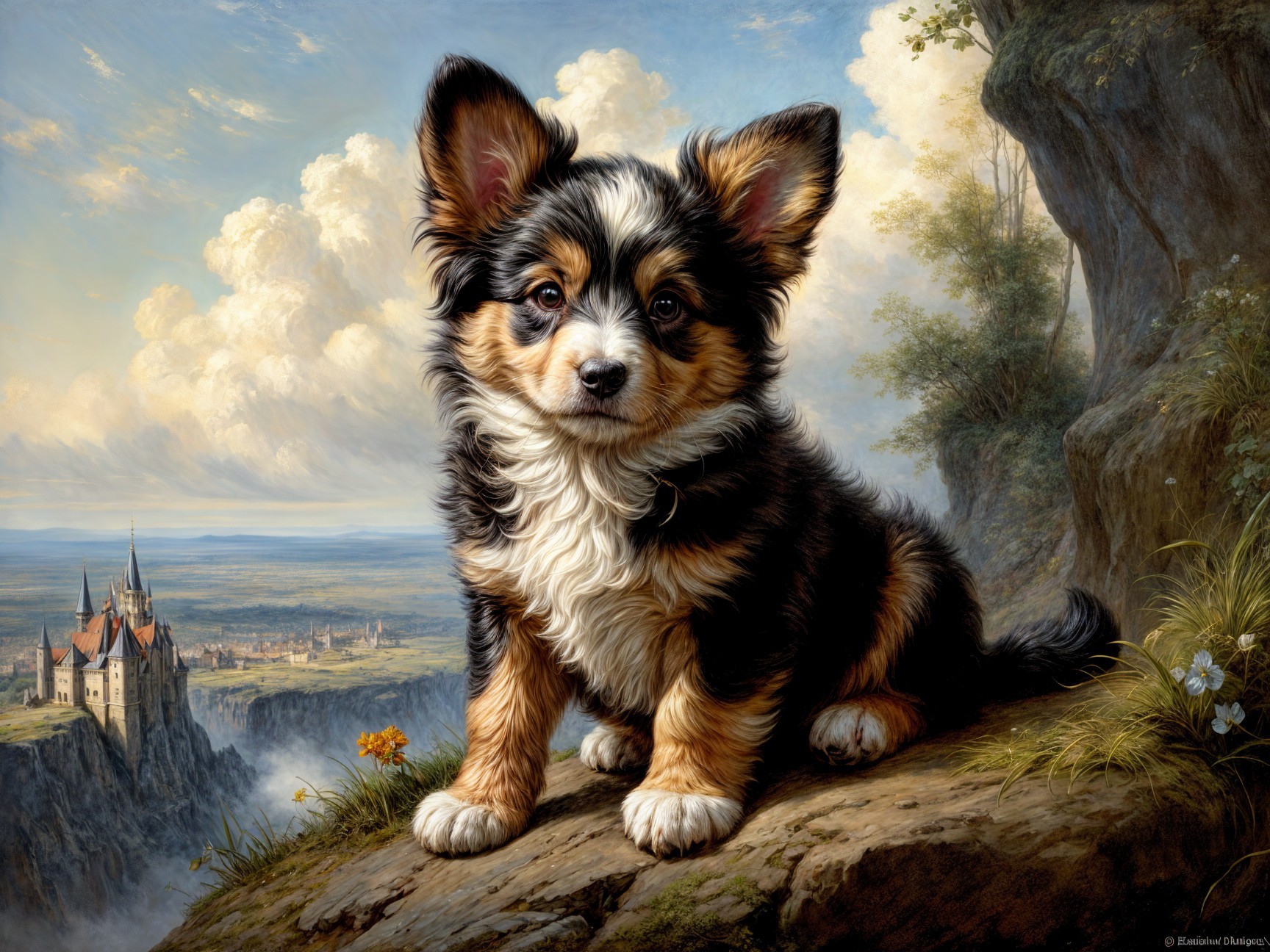 Corgi Puppy on Rocky Ledge with Scenic Landscape