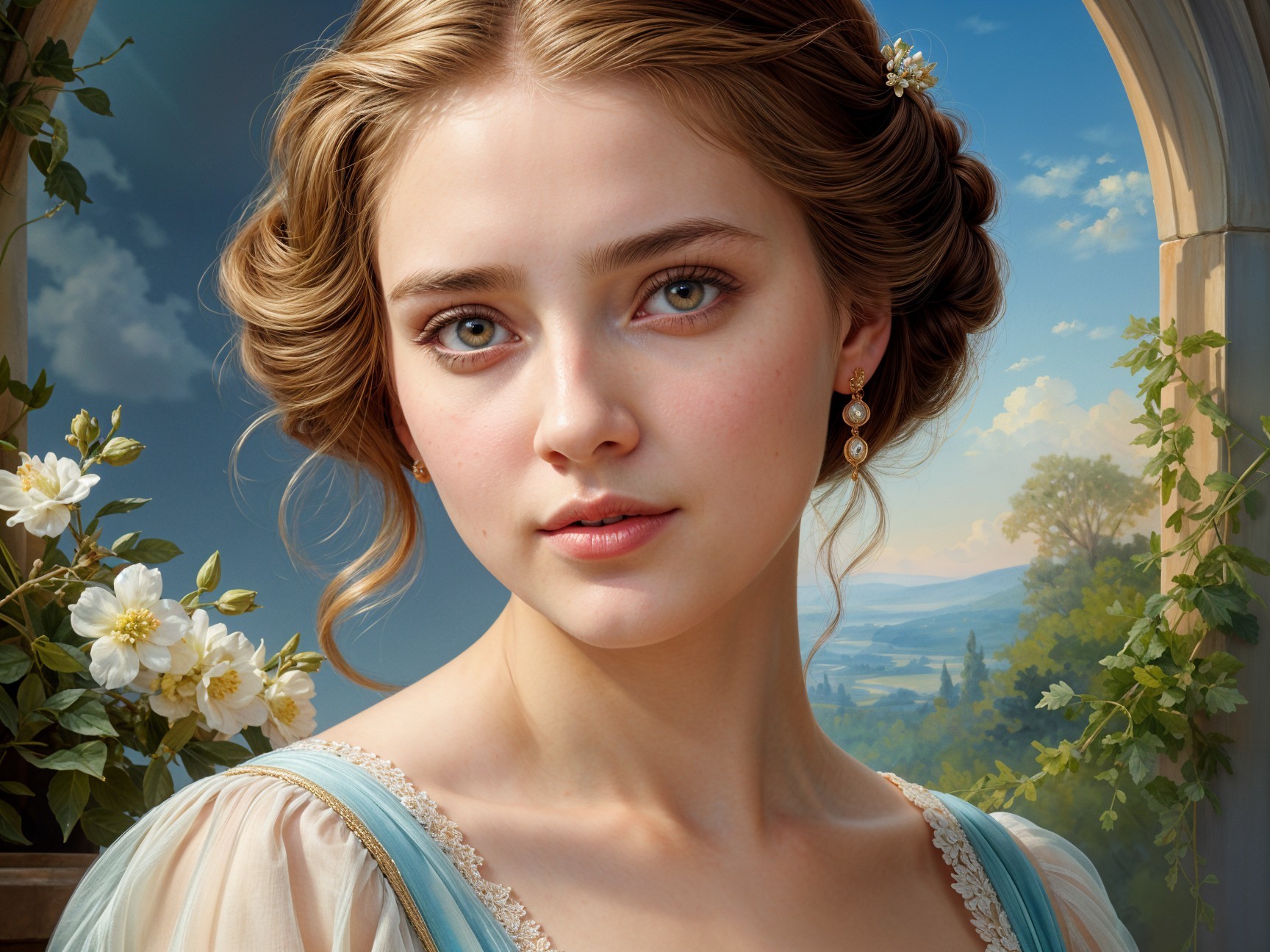 Young woman in blue dress against serene landscape
