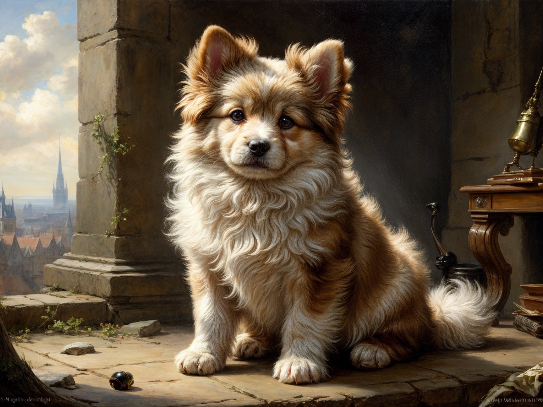 Fluffy Dog on Stone Ledge with Scenic Town View