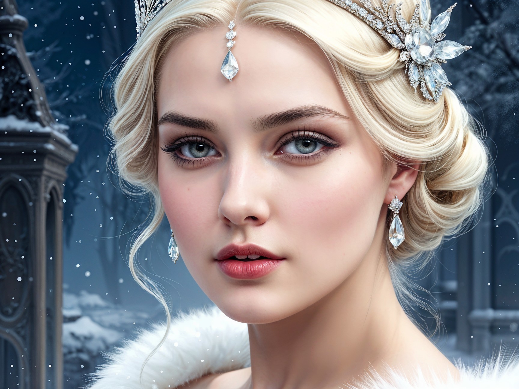 Close-Up of a Young Woman with Blue Eyes and Tiara