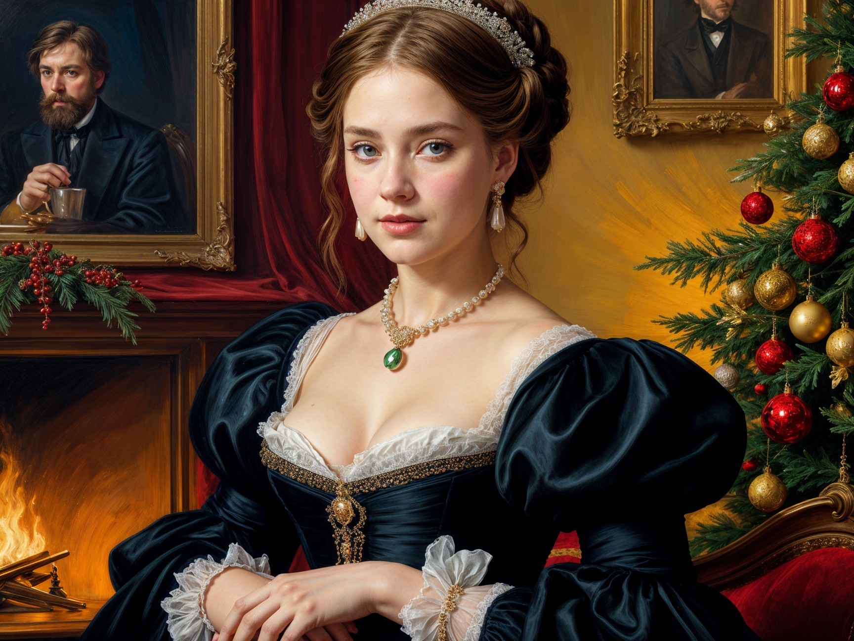 Young Woman in Elegant Gown by Christmas Tree