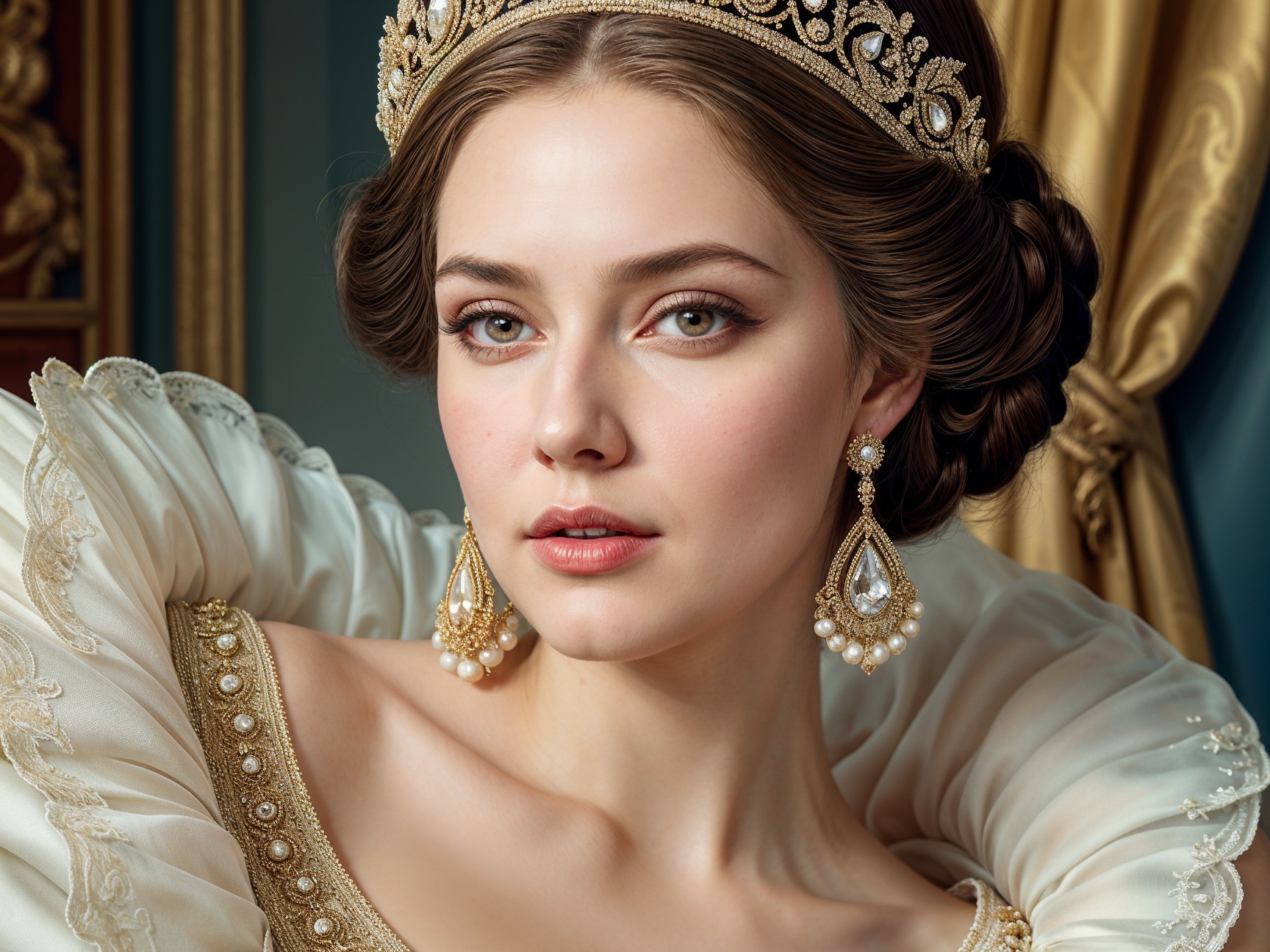 Regal Portrait of Young Woman in Ornate Gown