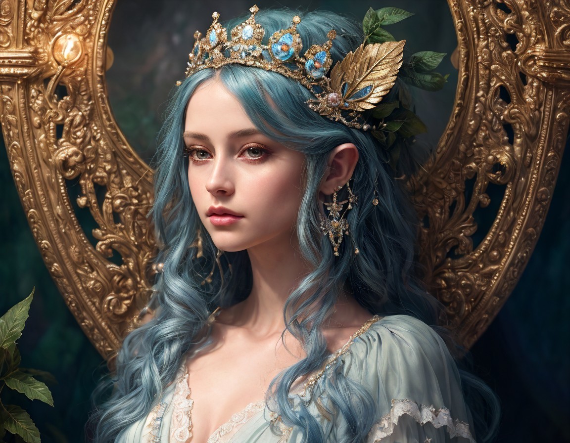 Woman with Blue Hair in Golden Crown and Baroque Frame