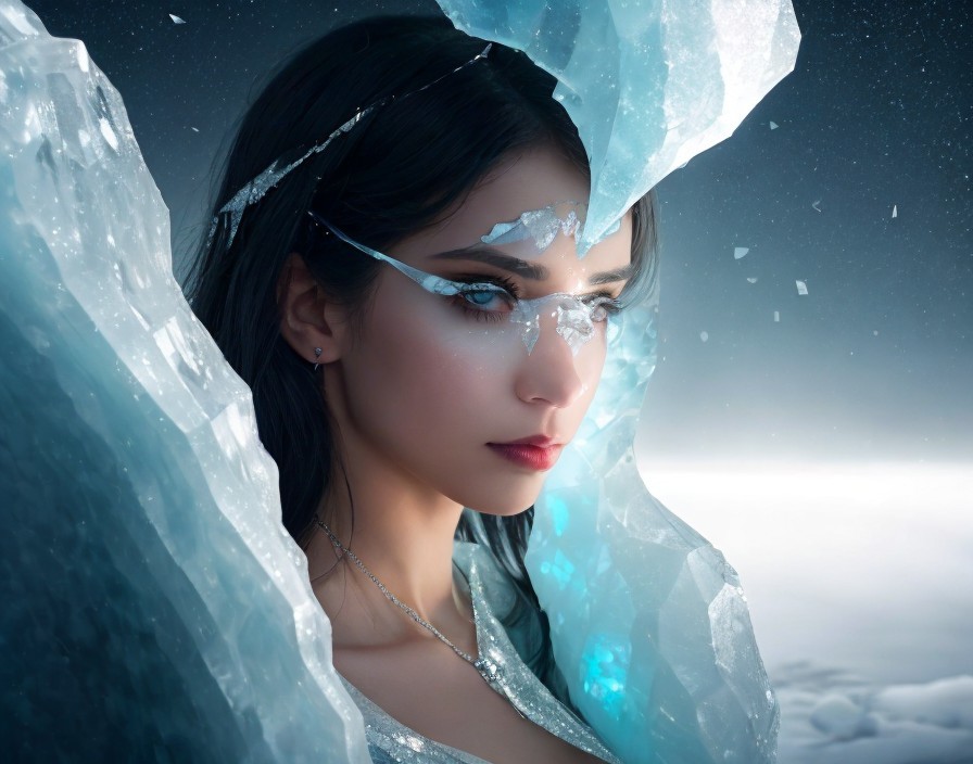 Woman in Ice Cavern with Crystal Makeup and Dark Hair