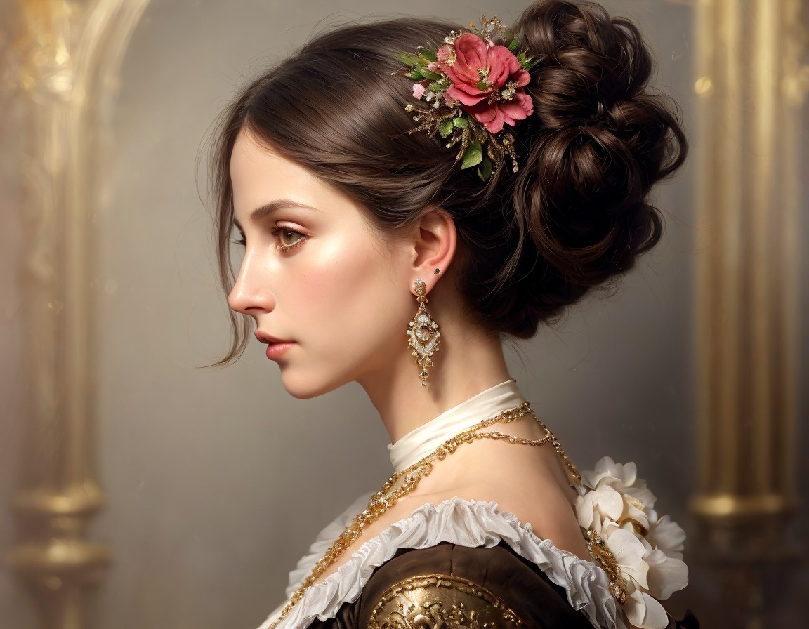 Vintage Attire Woman with Updo Hairstyle and Floral Adornments