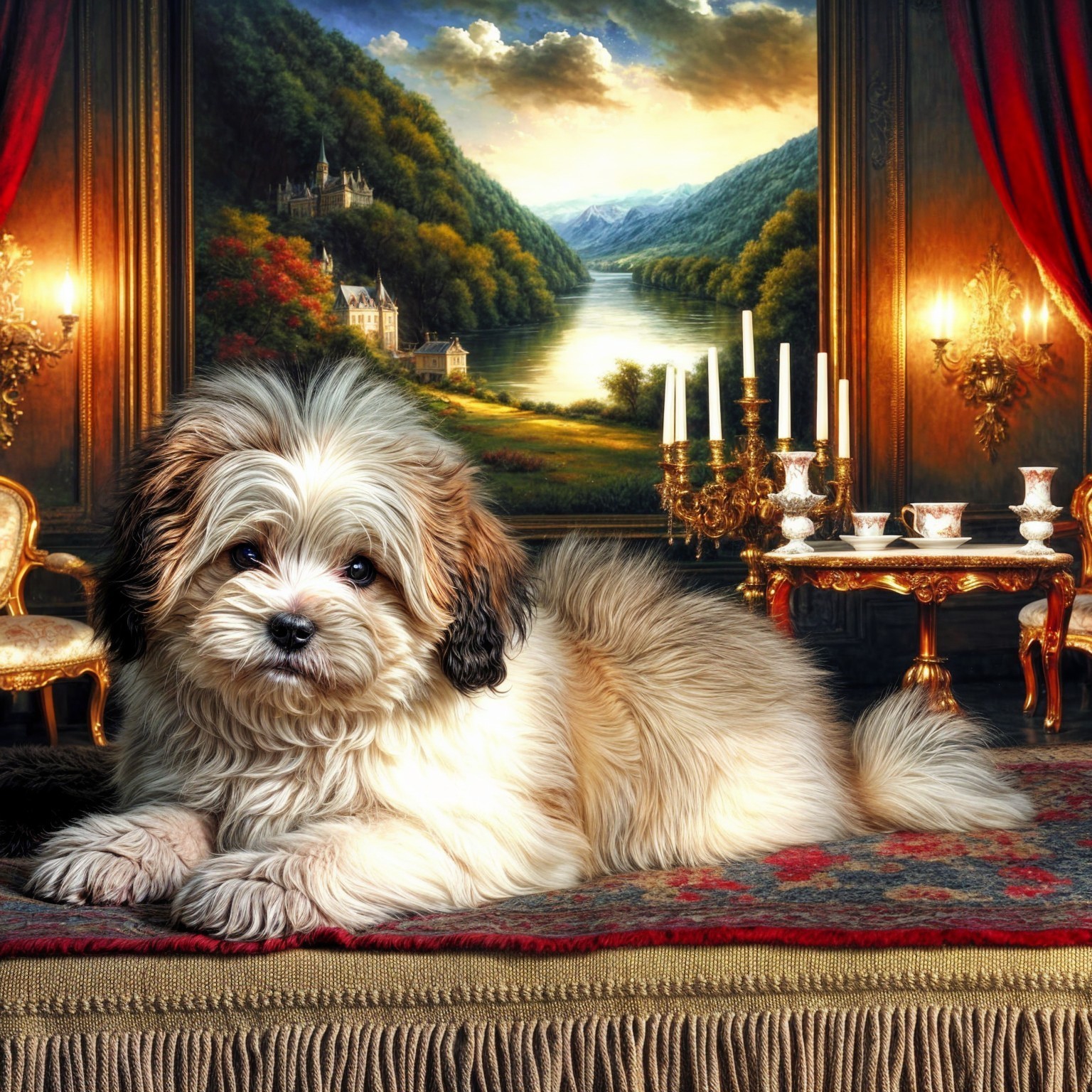 Fluffy Dog in Luxurious Room with Scenic Decor