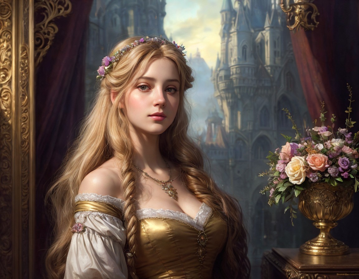 Digital artwork: Woman in floral crown and golden gown by vase, castle backdrop