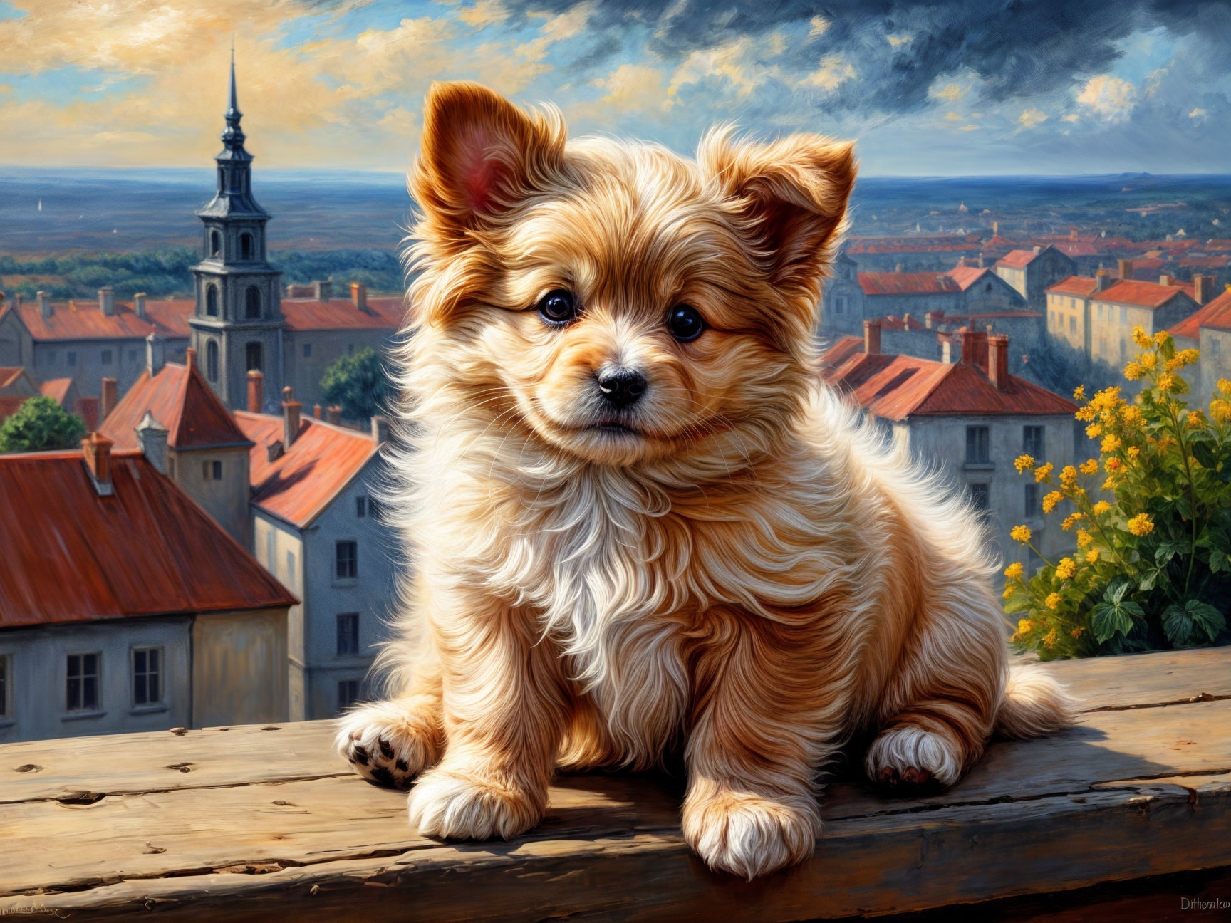 Fluffy Golden-Brown Puppy on Wooden Railing in Town