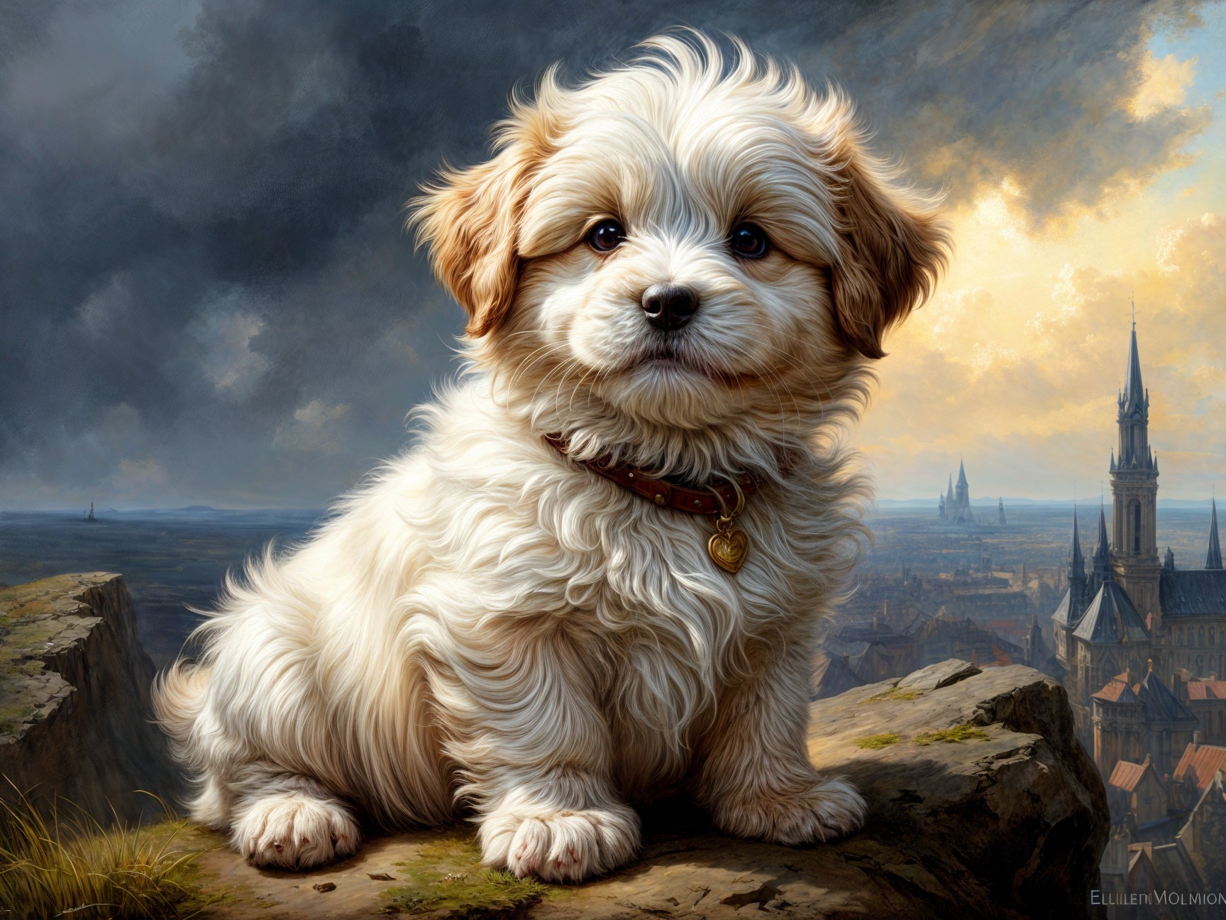 Fluffy puppy on rocky ledge with dramatic landscape