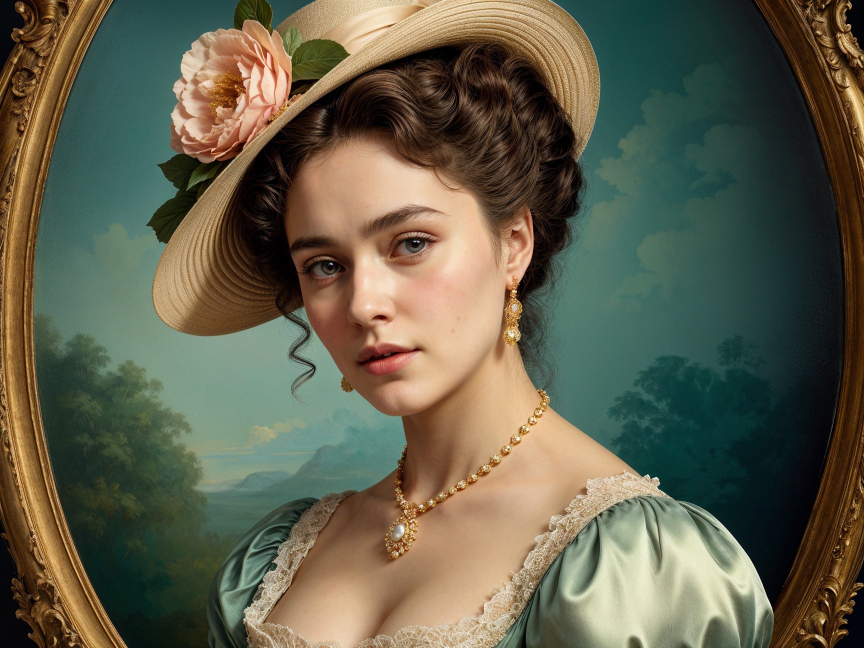Young woman in pale green gown with serene landscape