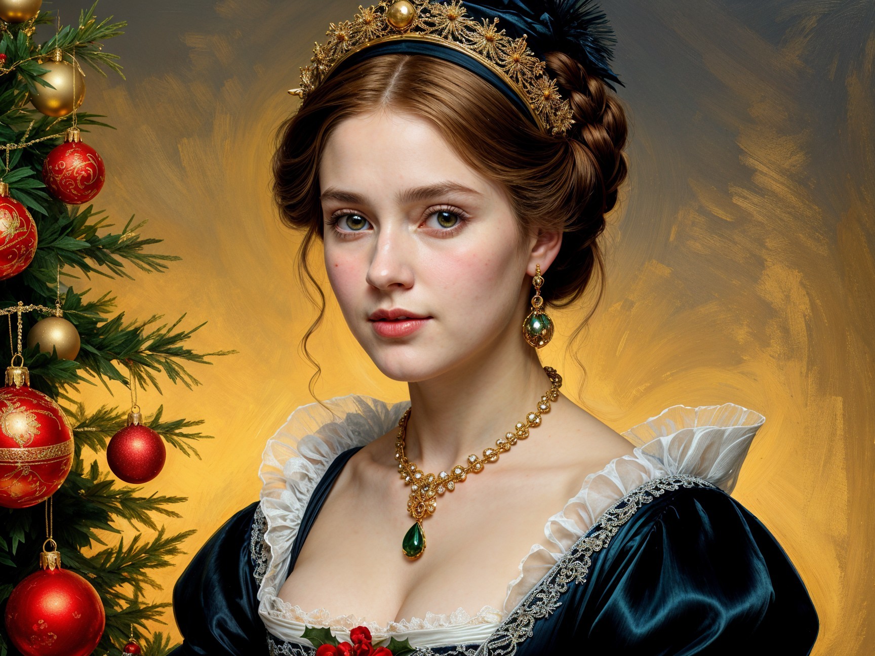 Young woman in blue gown with festive decorations