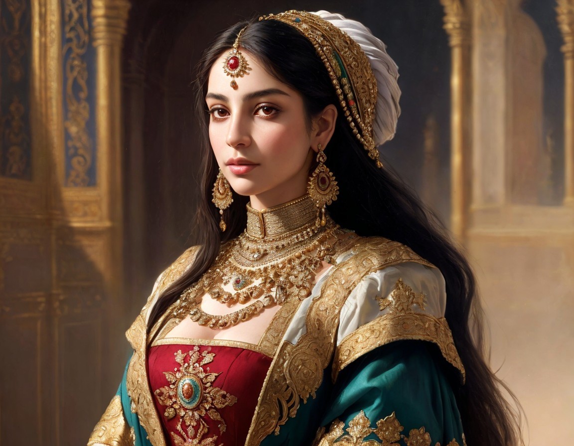 Regal figure in ornate attire with intricate details