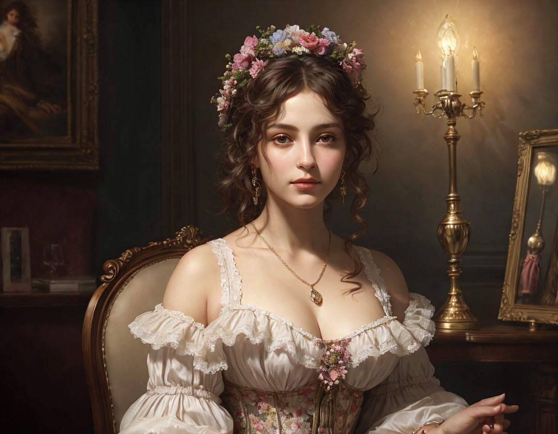 Vintage dress woman with floral crown and candle holder in classic painting backdrop