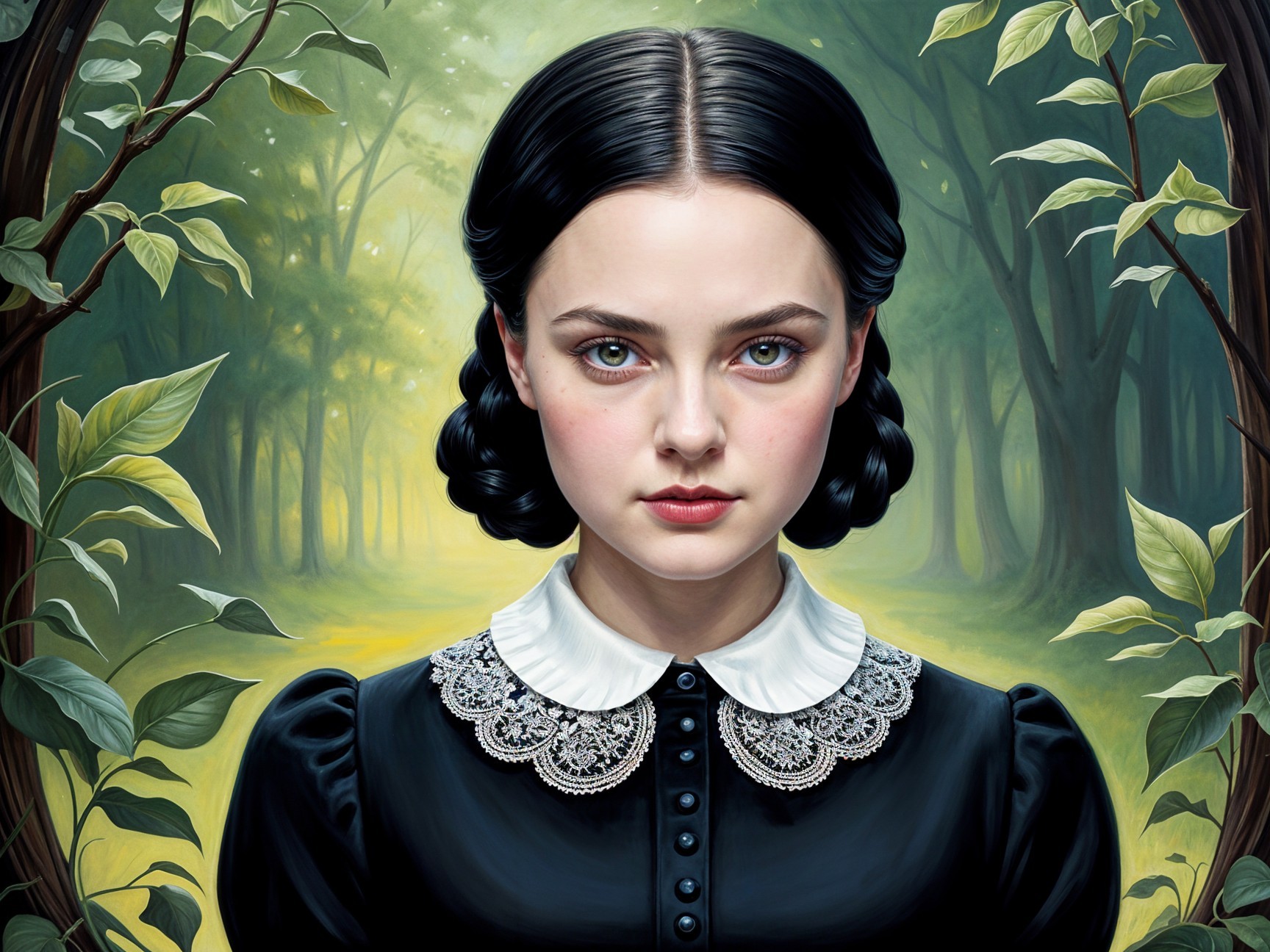 Young girl in vintage dress in ethereal forest setting