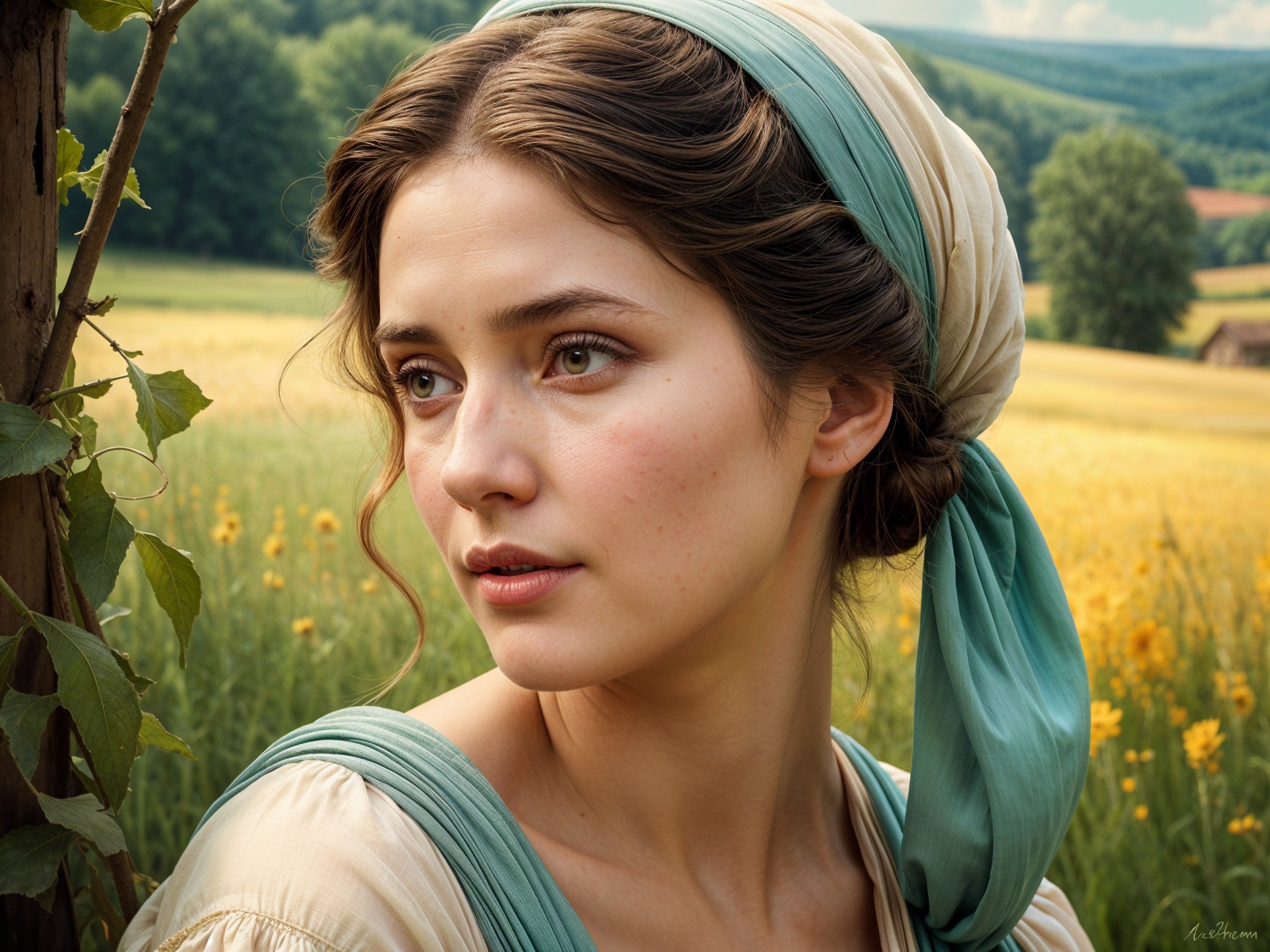 Young woman in teal headscarf amidst serene landscape