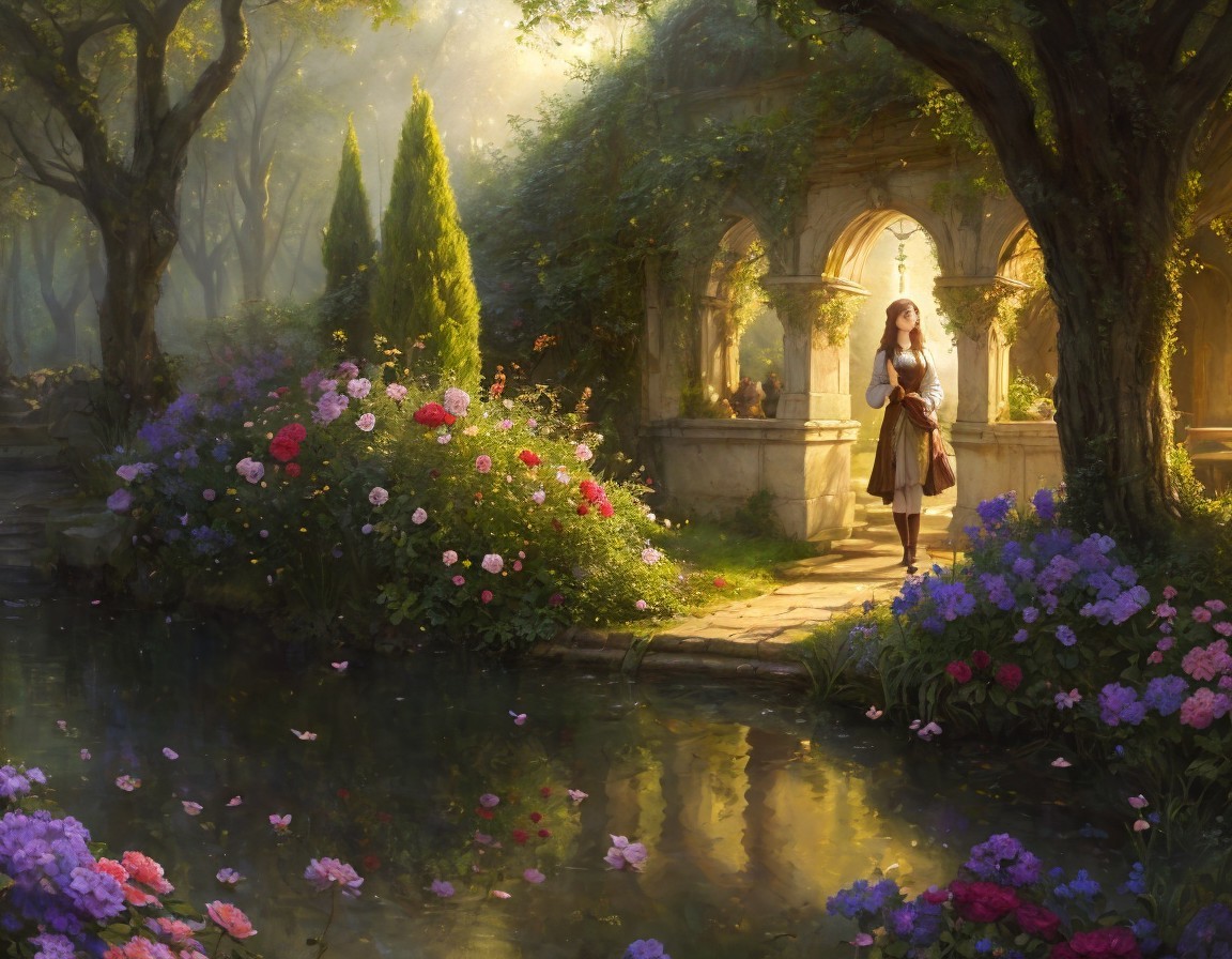 Tranquil garden scene with greenery, flowers, pond, and person by stone archway