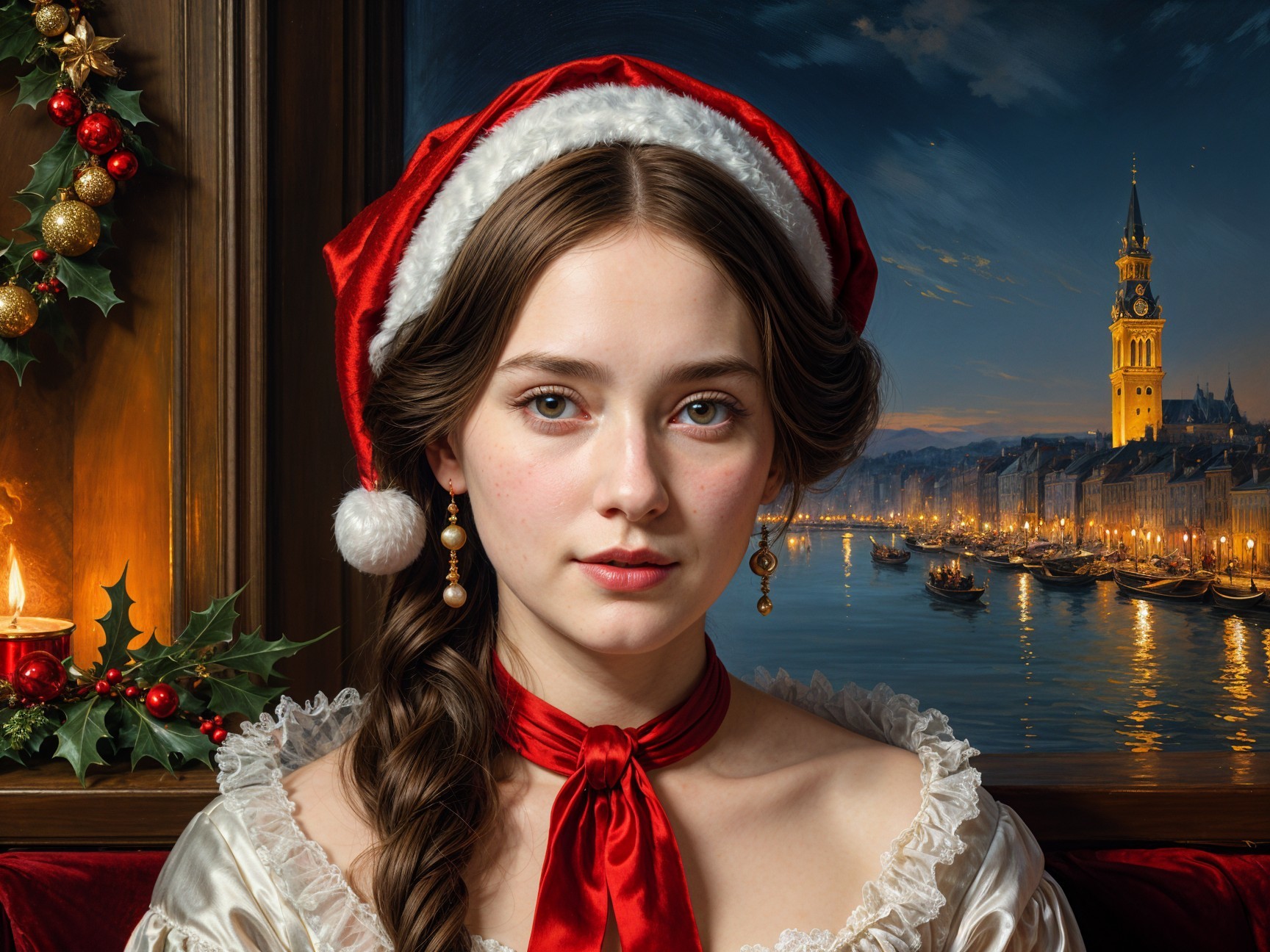 Young woman in Santa hat with winter scene backdrop