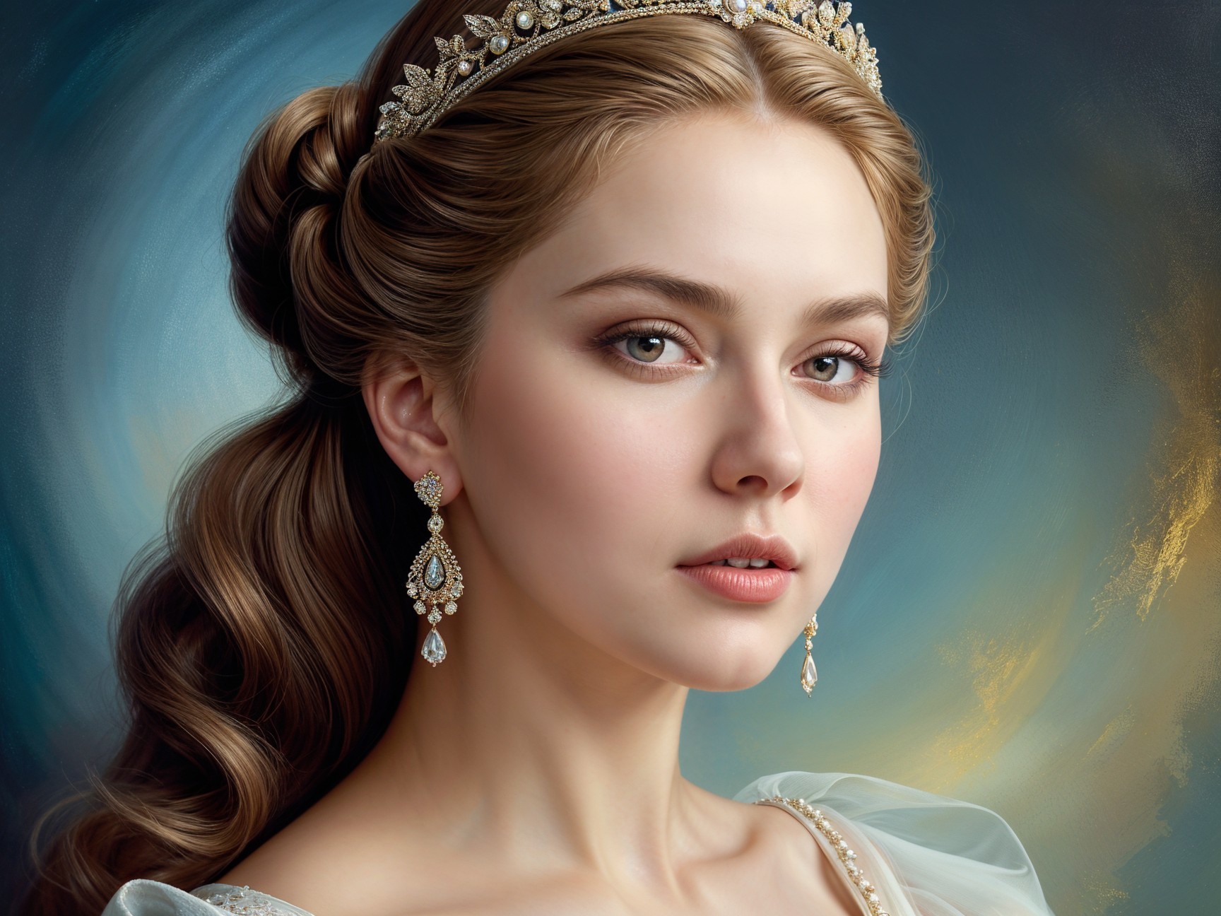 Young woman in elegant gown and tiara with jewels