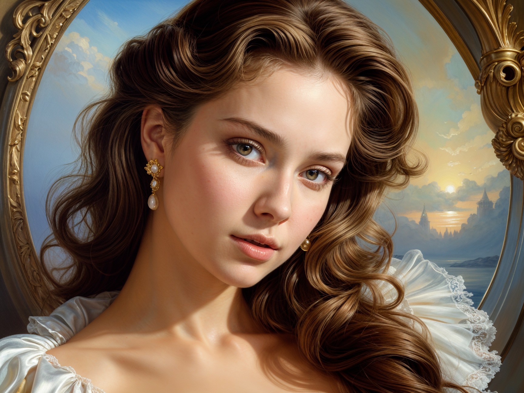 Elegant portrait of a woman with blue eyes and earrings