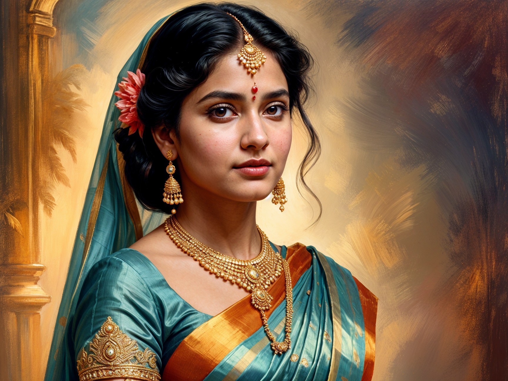 Young Woman in Vibrant Teal Saree with Gold Embroidery