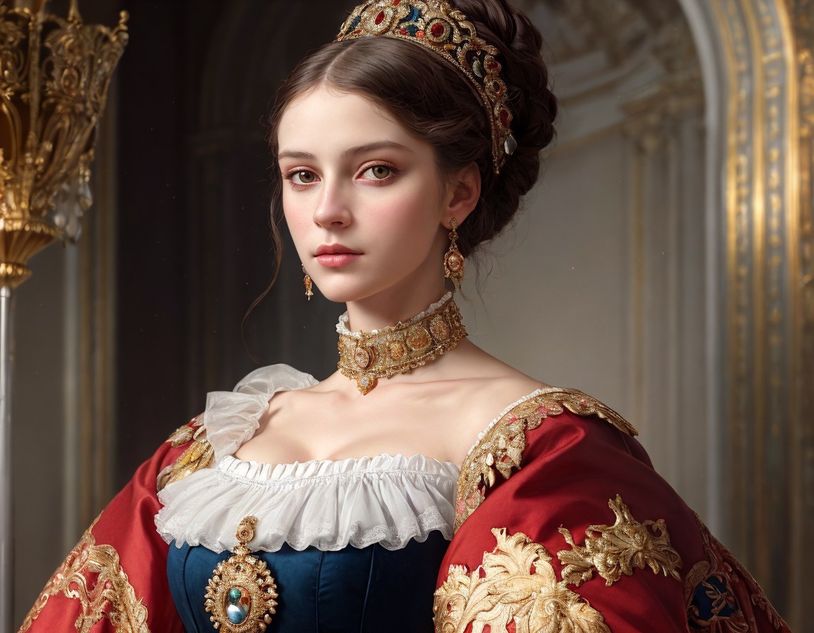 Elegant young woman in historical gown with accessories