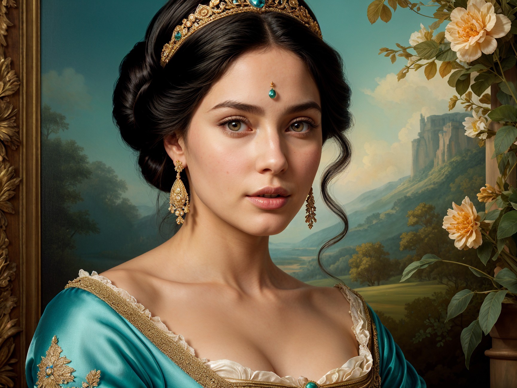 Young woman in turquoise gown with gold details