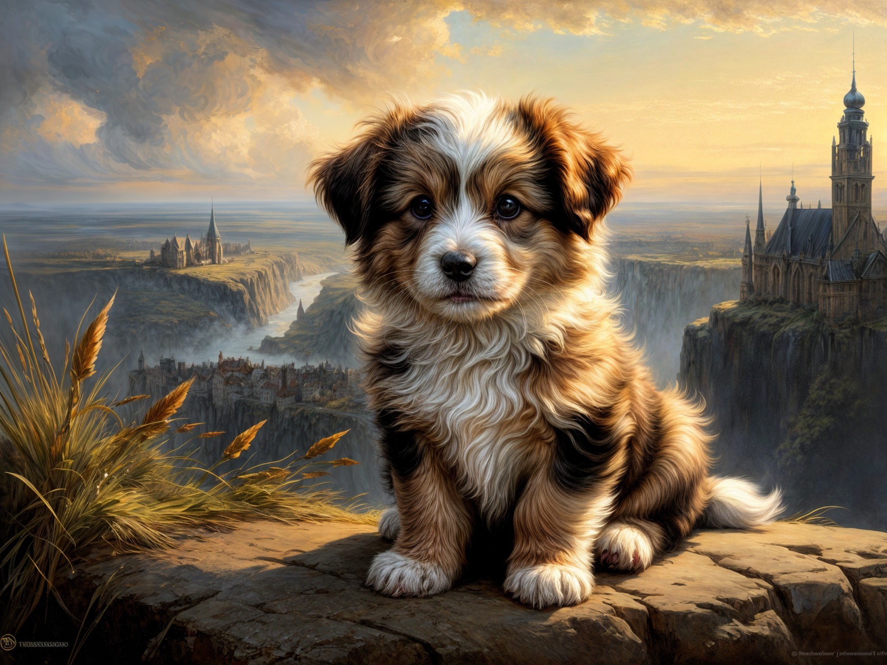 Fluffy puppy on a rocky ledge with scenic landscape