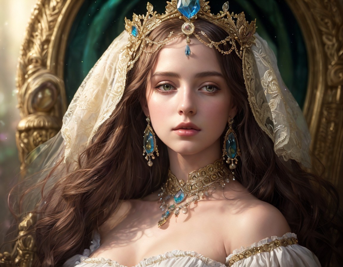 Regal Woman Portrait with Crown and Elegant Dress