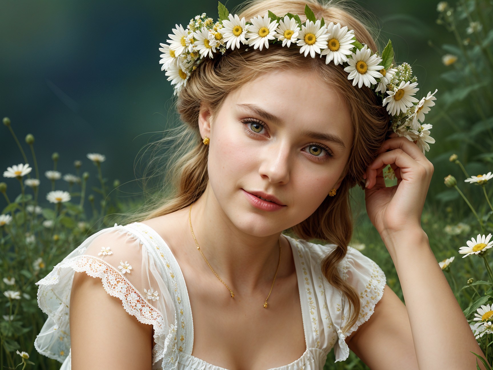 Young Woman with Floral Crown in Lush Landscape
