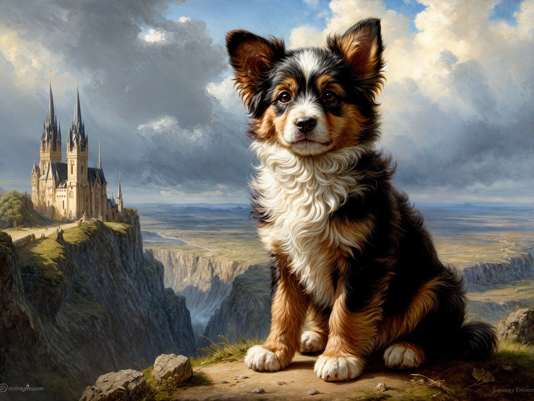 Tri-colored puppy on a rocky ledge with castle backdrop