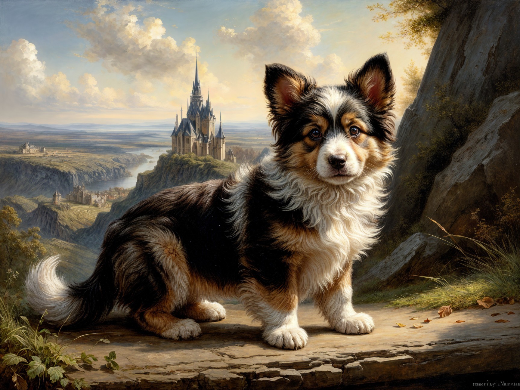 Corgi on Rocky Outcrop with Castle and Scenic Landscape